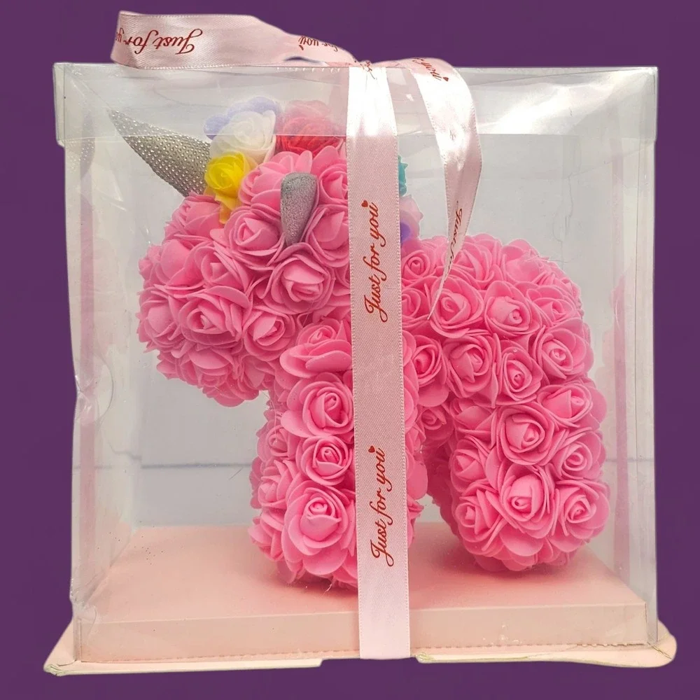 Rose Unicorn Gift - Pink Foam Flowers, Rainbow Mane, 